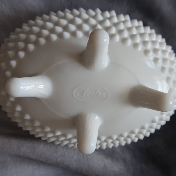 Vintage Fenton Marked Milk Glass Hobnail Textured Oval Lidded Candy Bowl - Picture 7 of 16